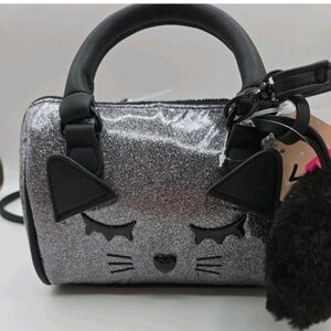 Betsey Johnson Mini Kitty Barrel Bag / Crossbody Silver / Black Fluffy Heart